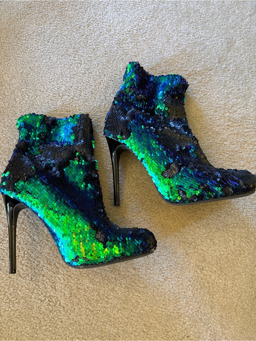 Mermaid Scales Sequin High Heel Ankle Boots in Blue-Green, 8